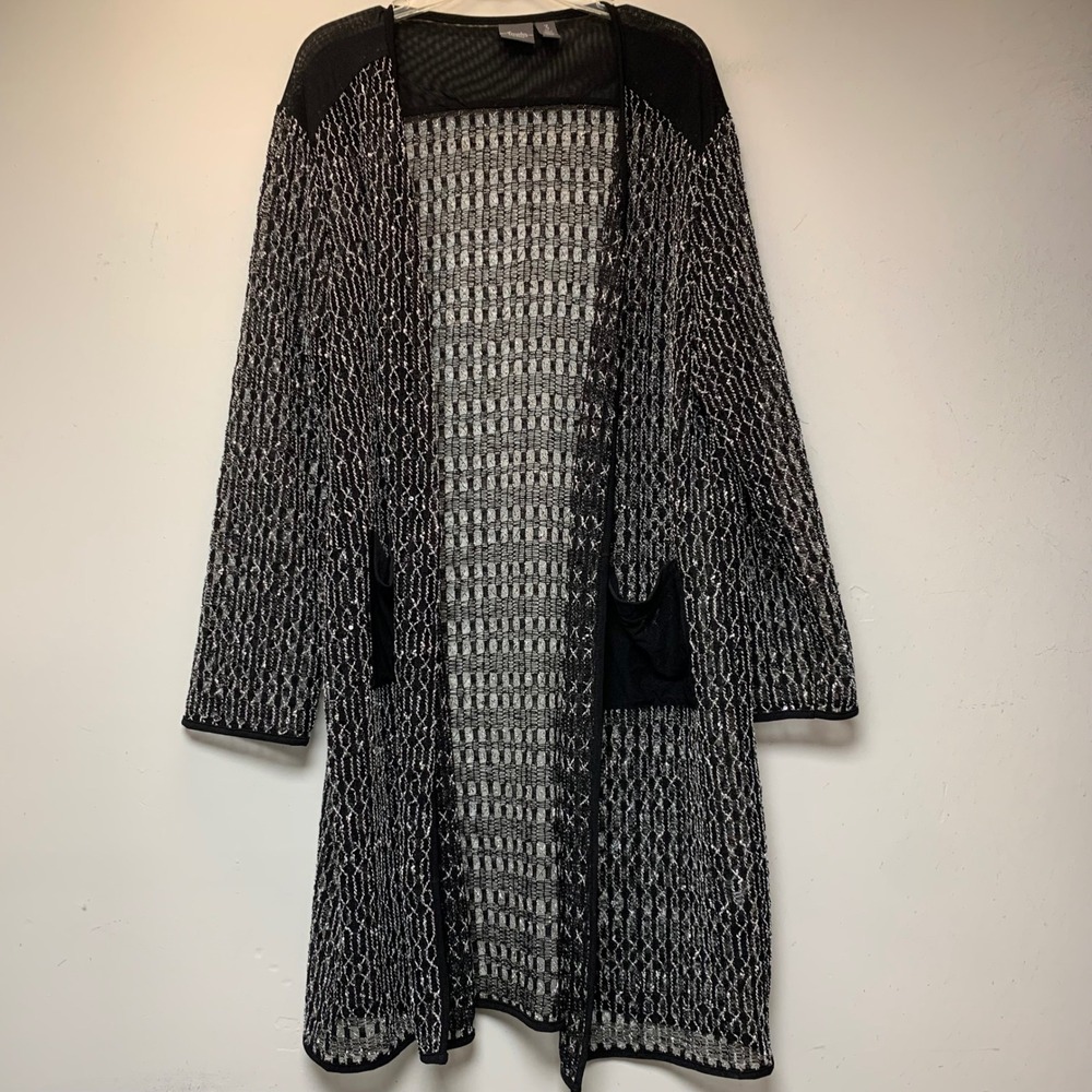 Chico's Travelers Cardigan Womens 3 Black Silver Excellent Sequin Mesh Longline